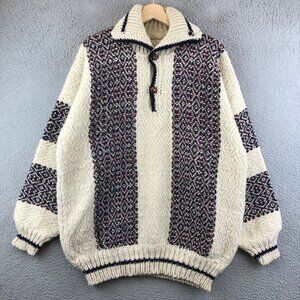 Vintage Hand-Knit Wool Sweater With Patterned Stripes & Buttoned Collar L